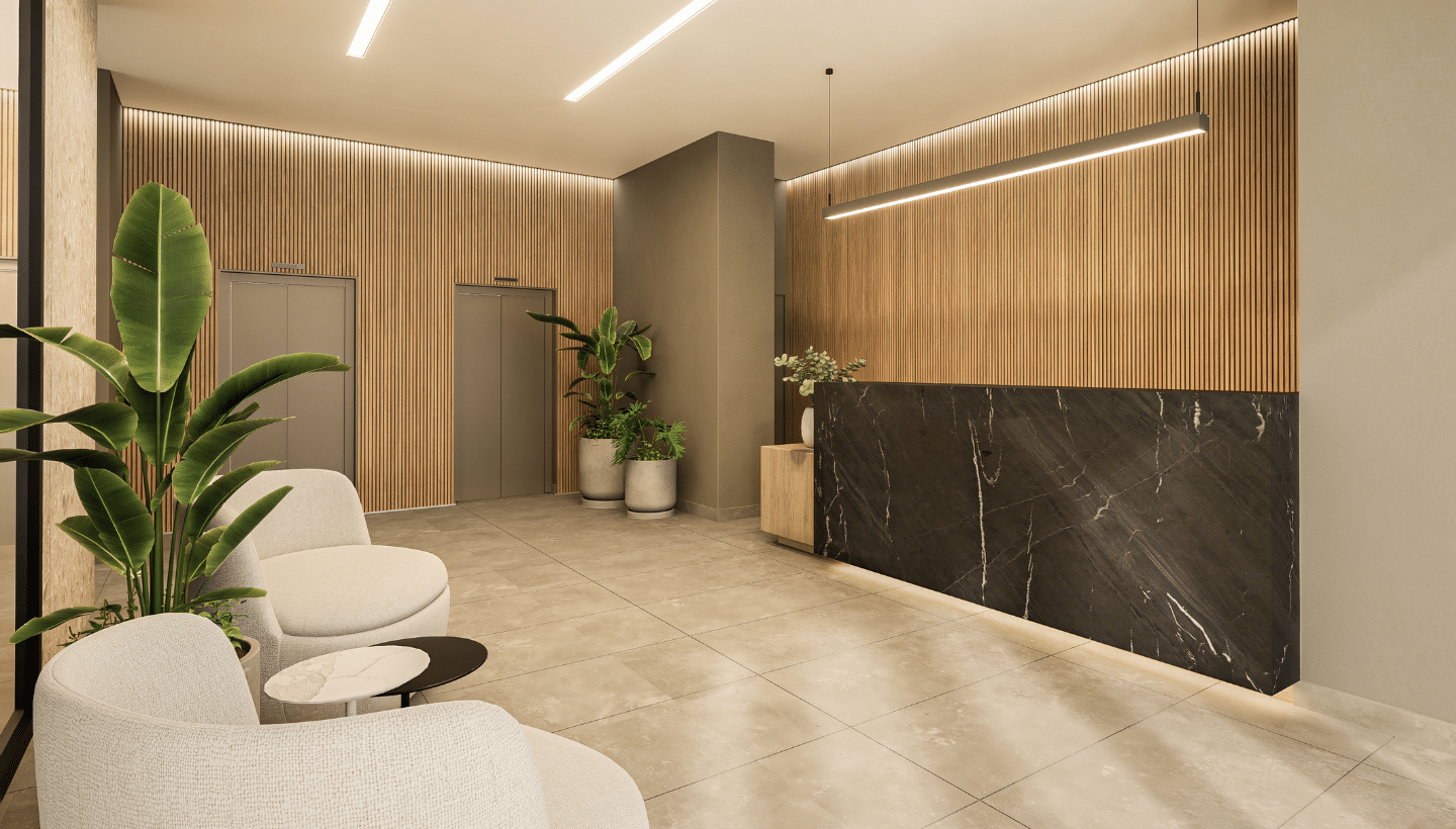 Área de recepción del Edificio Park Orquídeas, proyecto de departamentos en Lince.